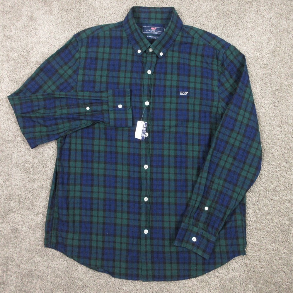Vineyard Vines‎ Shirt Mens Large Blue Green Black Watch Tartan Plaid Button Up